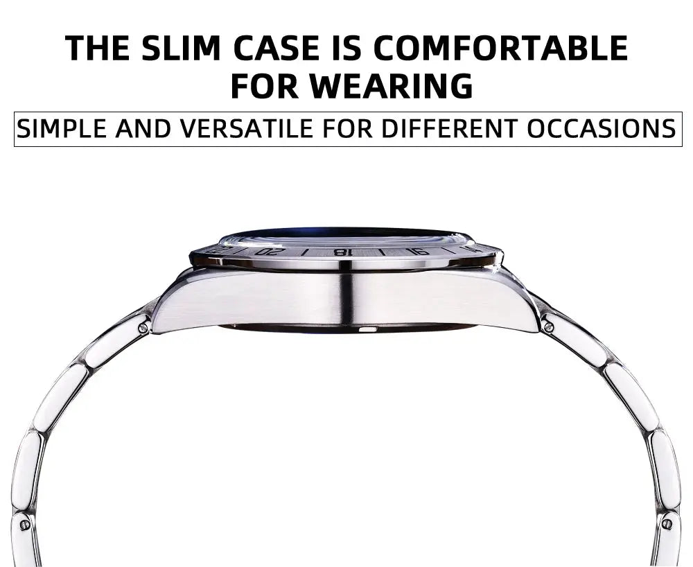 Men's stainless steel 39mm GMT quartz watch with slim case and metal bracelet