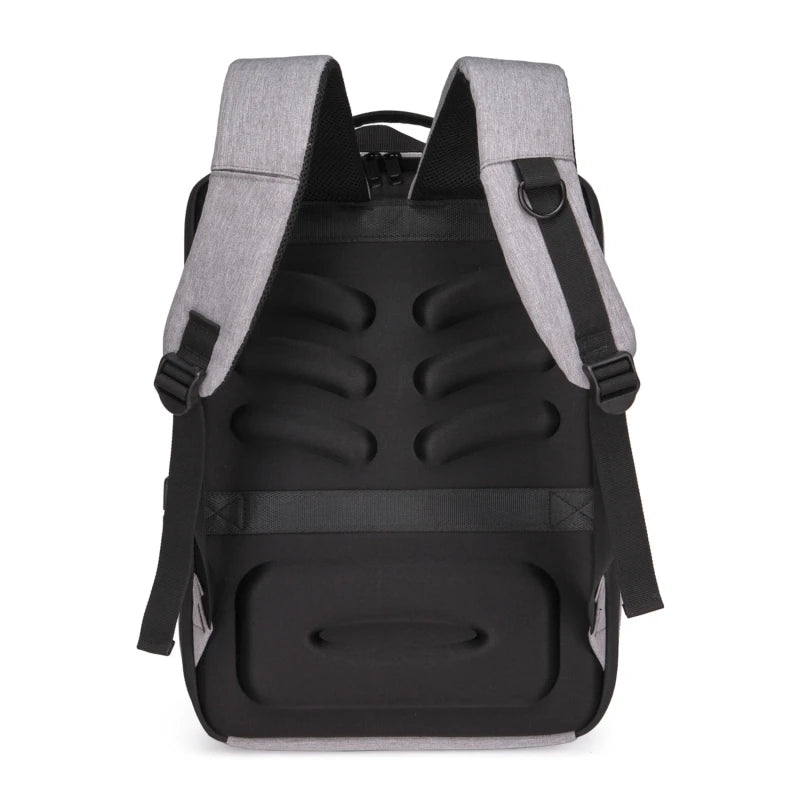 Men's hard-shell backpack with gray straps and black back panel, anti-theft, high-capacity travel bag