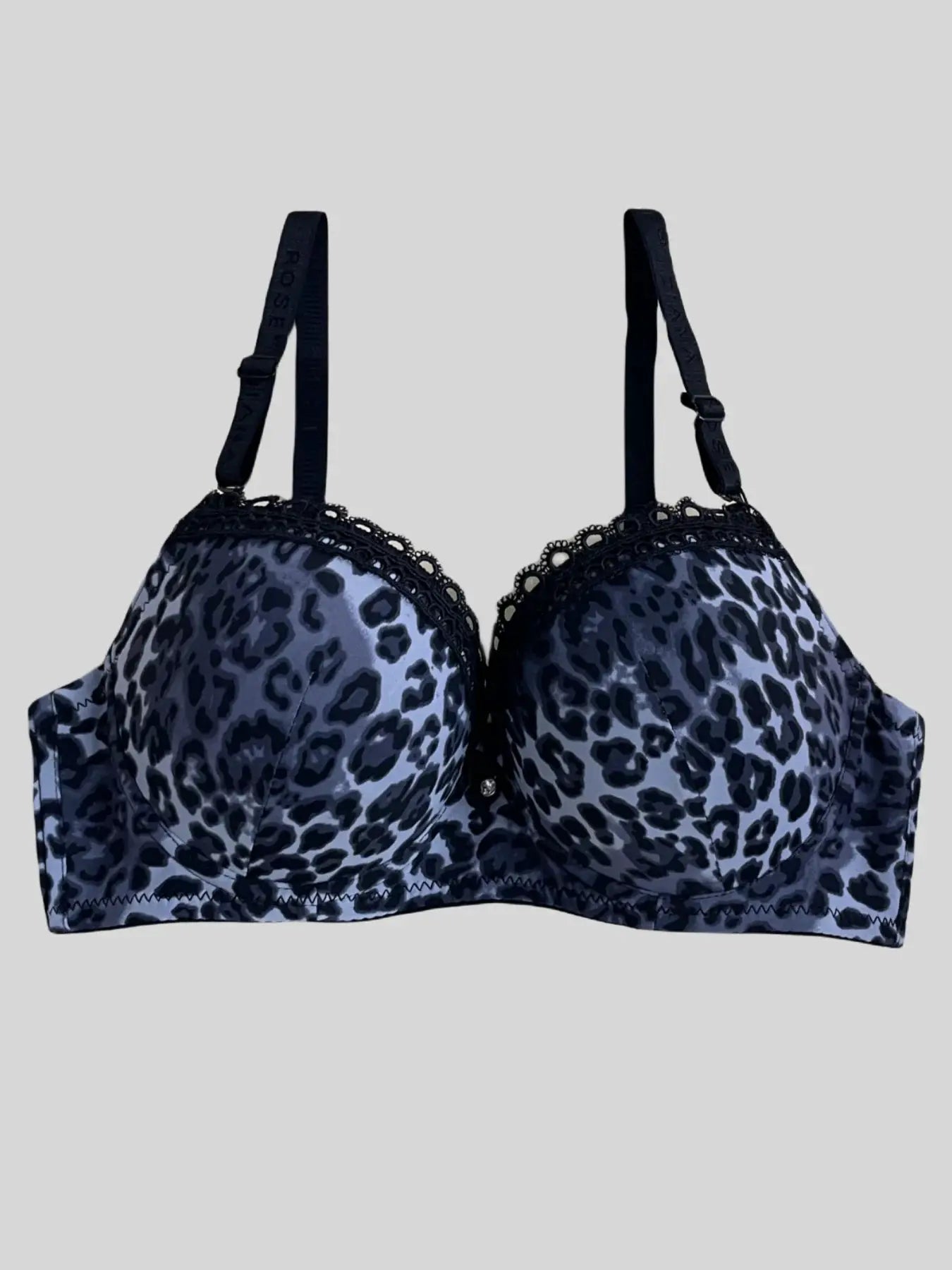 Diana Rose leopard print push-up bra in blue-gray cups with black lace trim by Simples Market