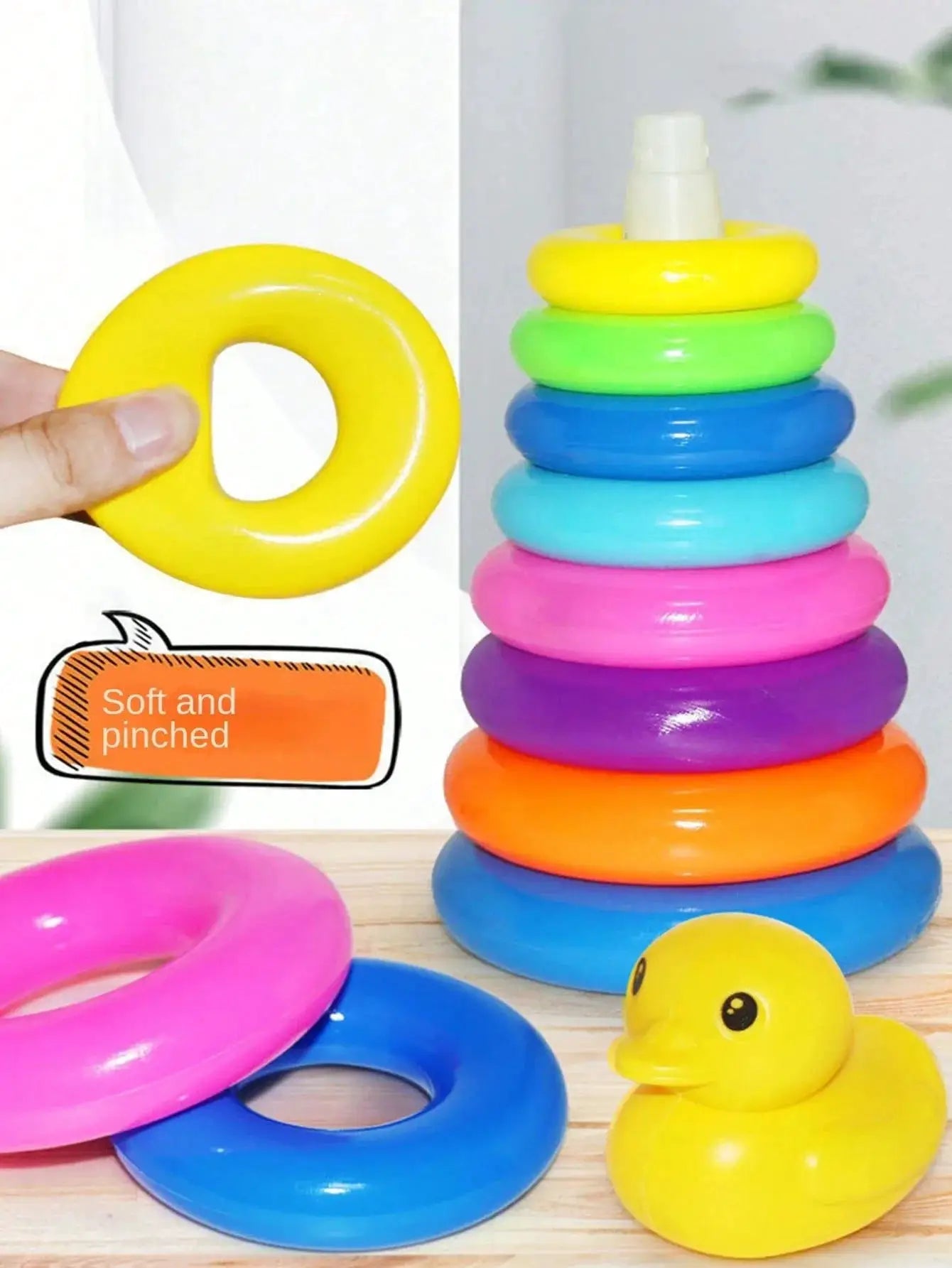 Yellow Duck Rainbow Tower Stacked Circle Toy Ring Toss Interactive Game For Early Learning And Birthday Gifts