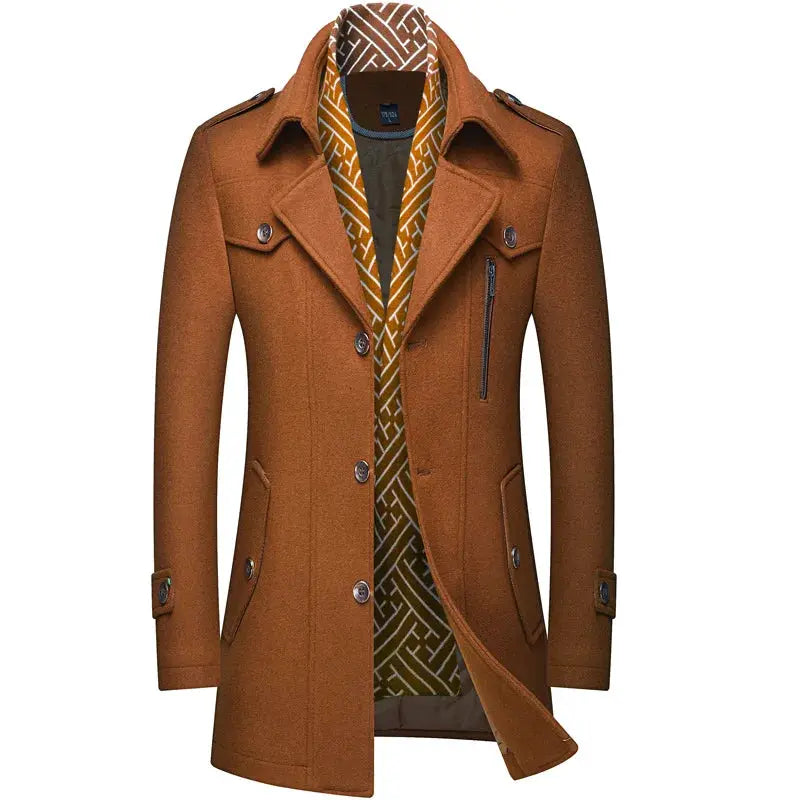 Winter men's wool coat by Simples Market, brown cotton-padded with scarf collar