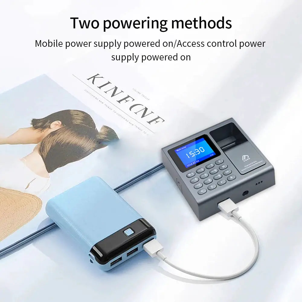 Biometric fingerprint scanner RFID access control system; gray attendance device with blue LCD and blue USB power bank