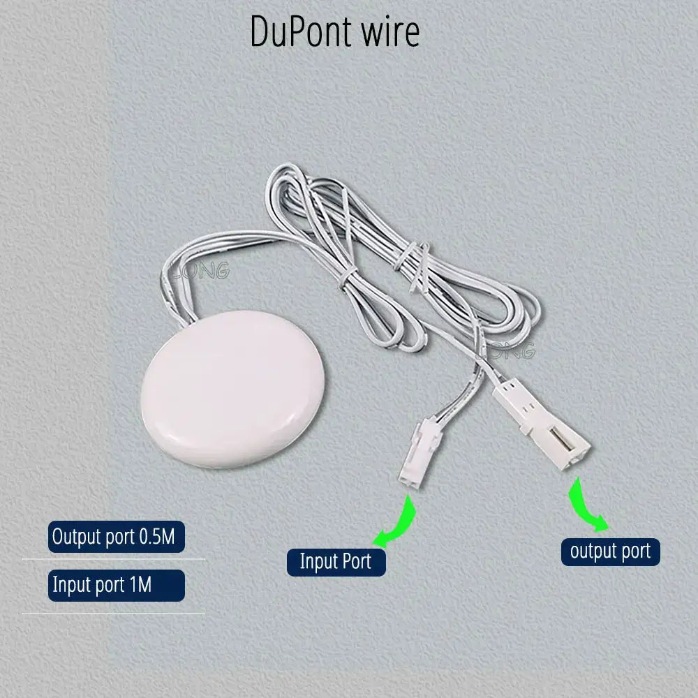 White round touch dimming switch with wired input/output ports and connectors for cabinet lighting.