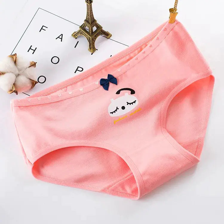 Women's pink cotton seamless panties with panda face print and blue bow