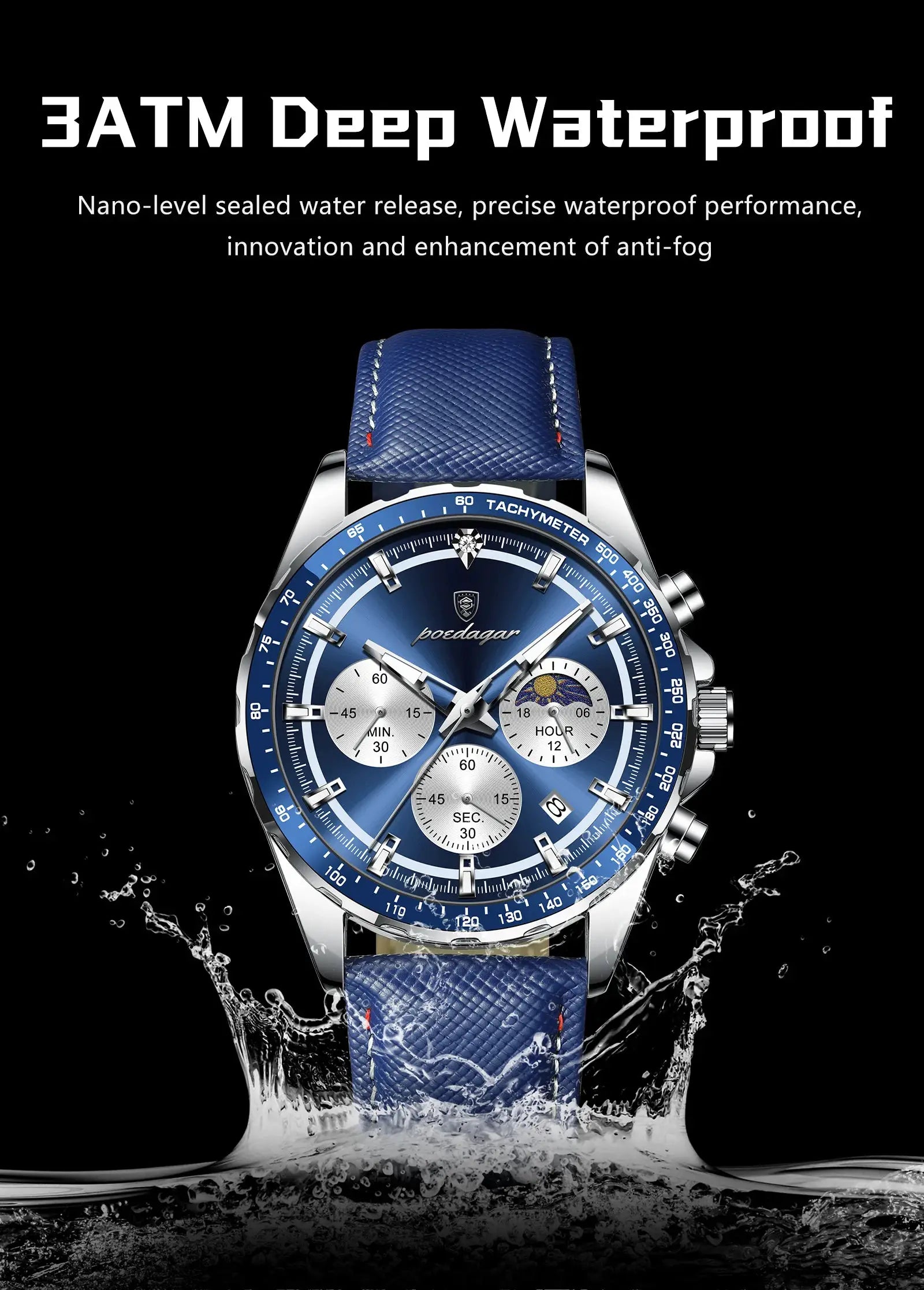 POEDAGAR men's waterproof chronograph wristwatch with blue leather strap and tachymeter bezel