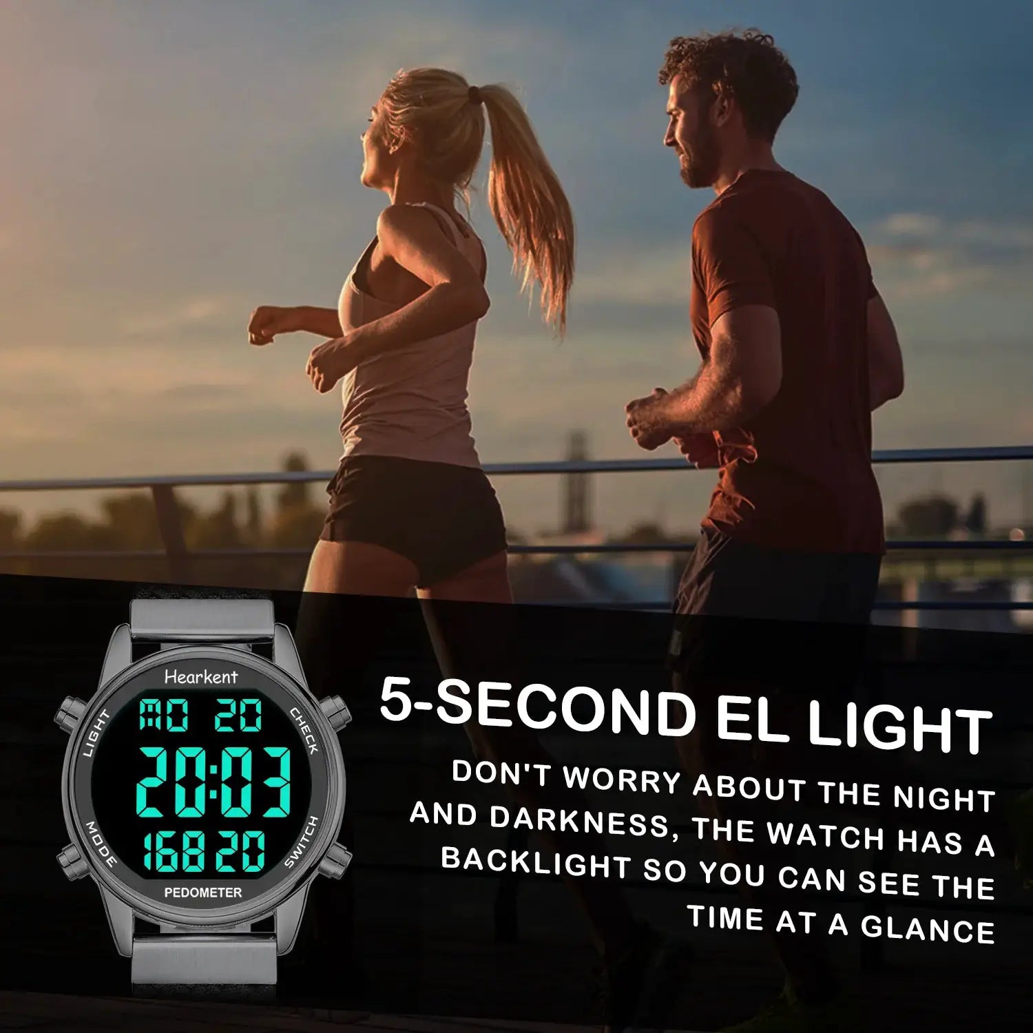 Hearkent pedometer sport watch with digital display, silver case and black strap