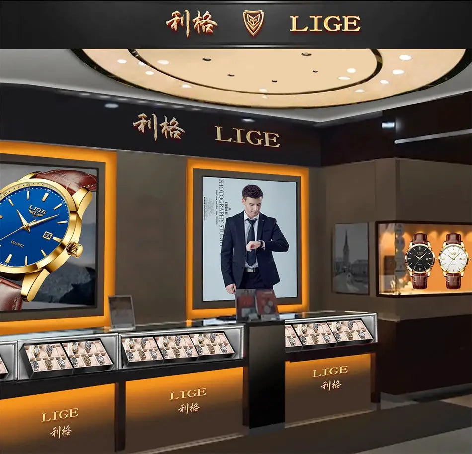 LIGE watch for men with brown leather strap, gold-tone case and blue dial on showroom display