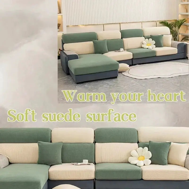 Thick elastic sofa cover; green and beige soft suede upholstery for sectional couch, removable