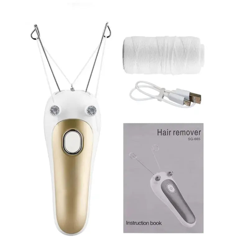 Simples Market electric threading epilator in white and gold with USB cable, cotton thread spool, and instruction book
