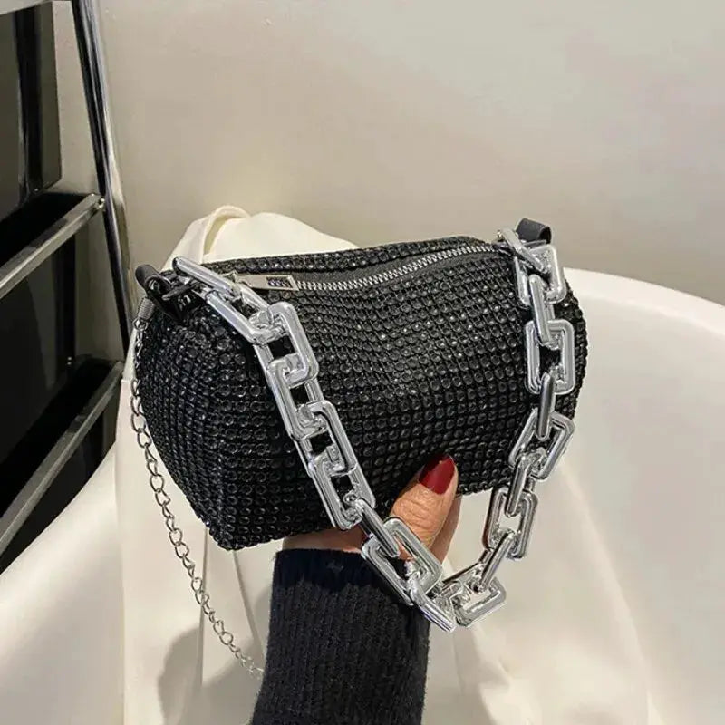 Allover Rhinestone Bucket Bag With Glitter Chain Prom Purse, Women's Mini Crossbody Bag