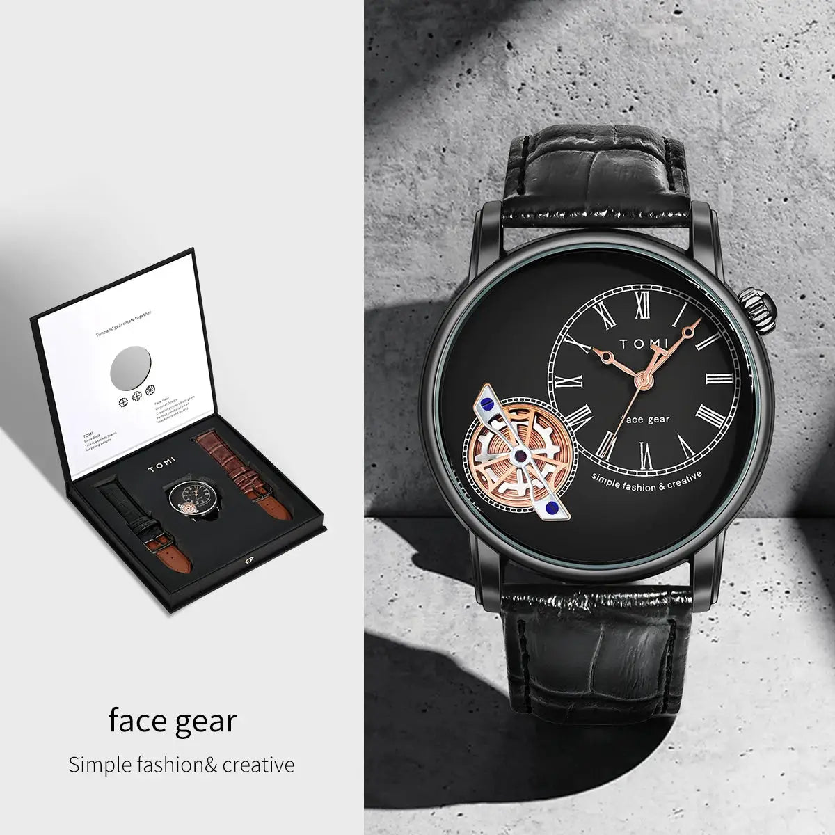 TOMI men's quartz watch set in gift box with double leather straps; black dial, Roman numerals, visible gear detail