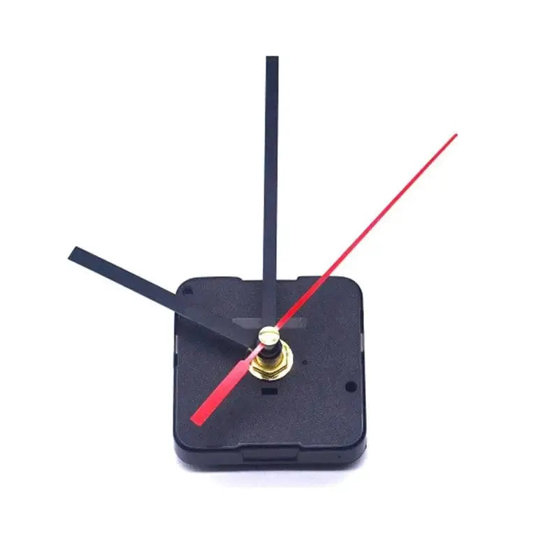 Clock mechanism quartz movement by Simples Market with black hour and minute hands and red second hand on a square black housing.