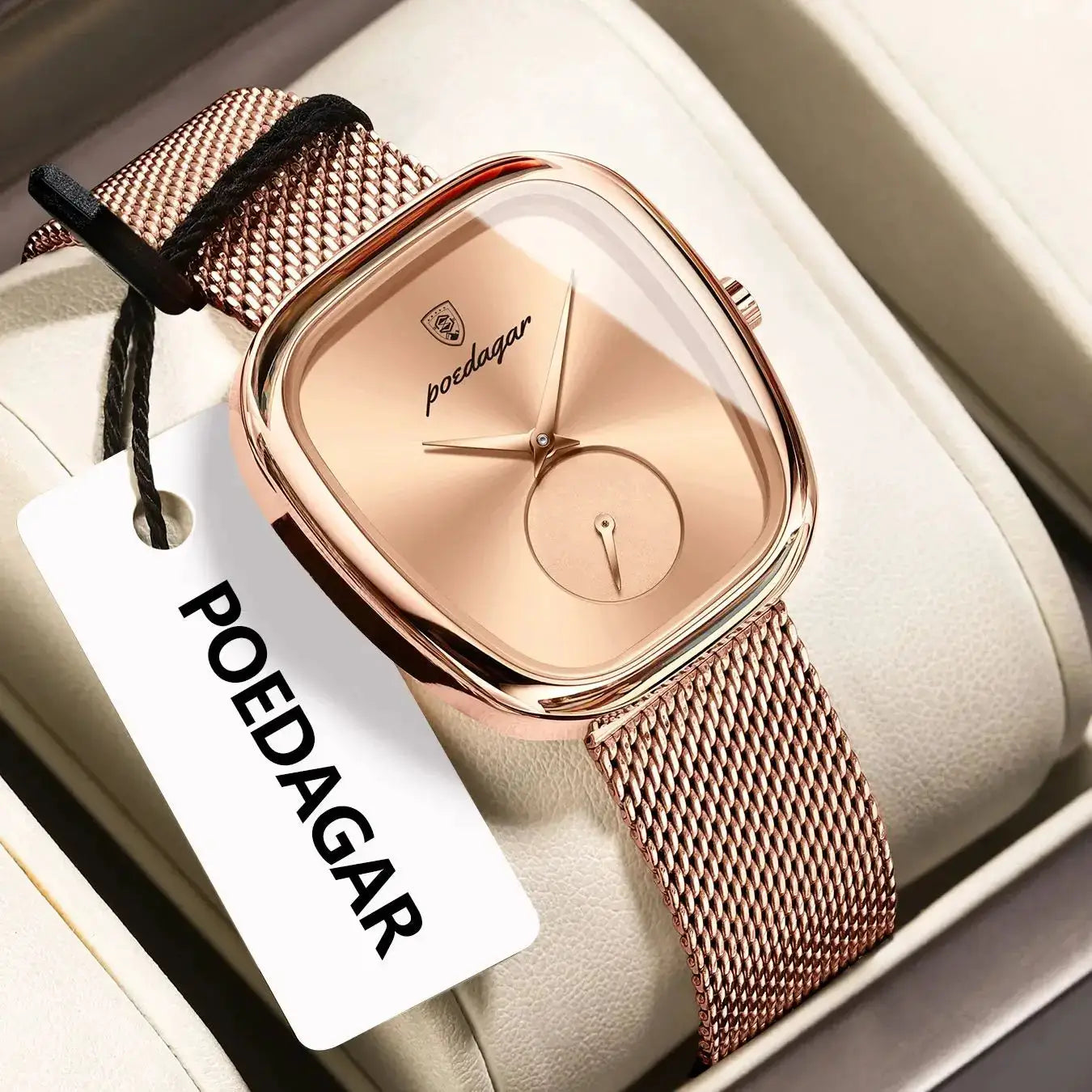 POEDAGAR rose-gold luxury women's watch with stainless steel mesh band and cushion-shaped case
