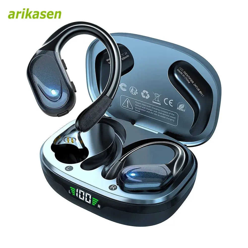 arikasen wireless earbuds with charging case and LED display; blue/black Bluetooth 5.3 headset
