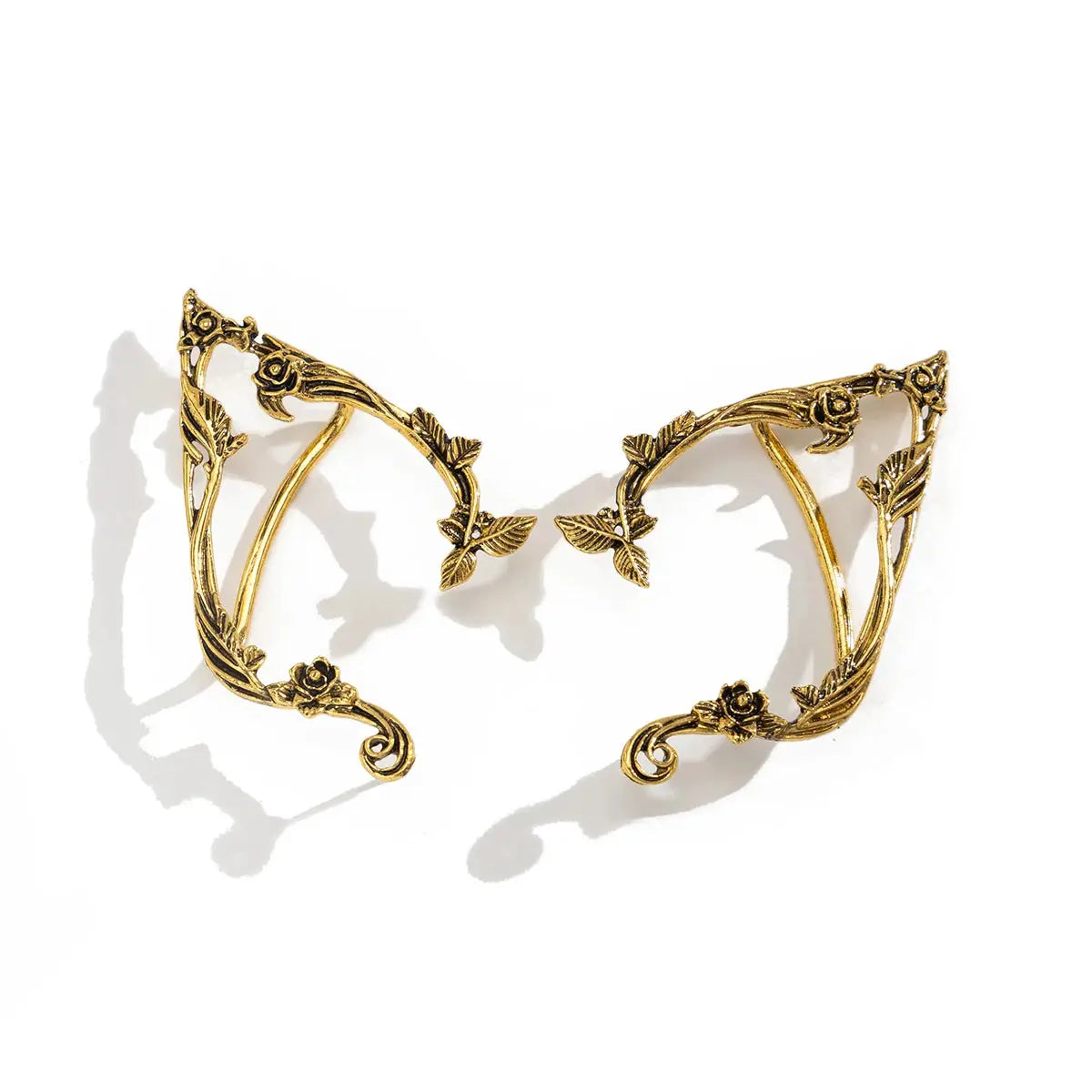 Gold elf flower leaf ear clips pair by Simples Market PuRui, fairy wedding jewelry