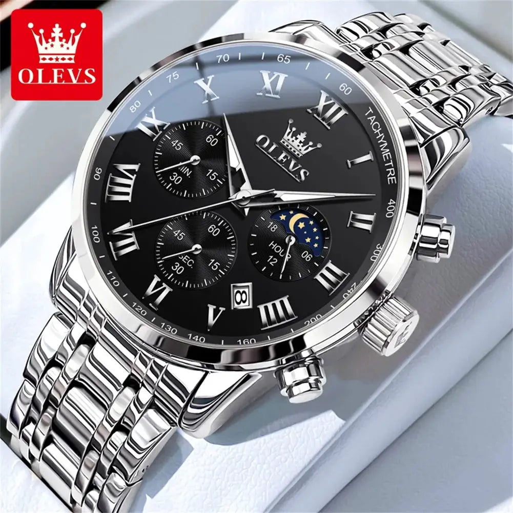 OLEVS men's luxury stainless steel watch with black dial, Roman numerals, moon phase, and chronograph subdials