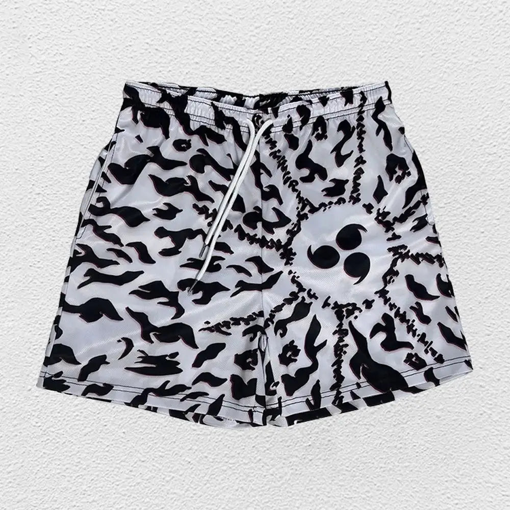 Men's running shorts with gray camouflage print, white drawstring waist, quick-dry fabric.