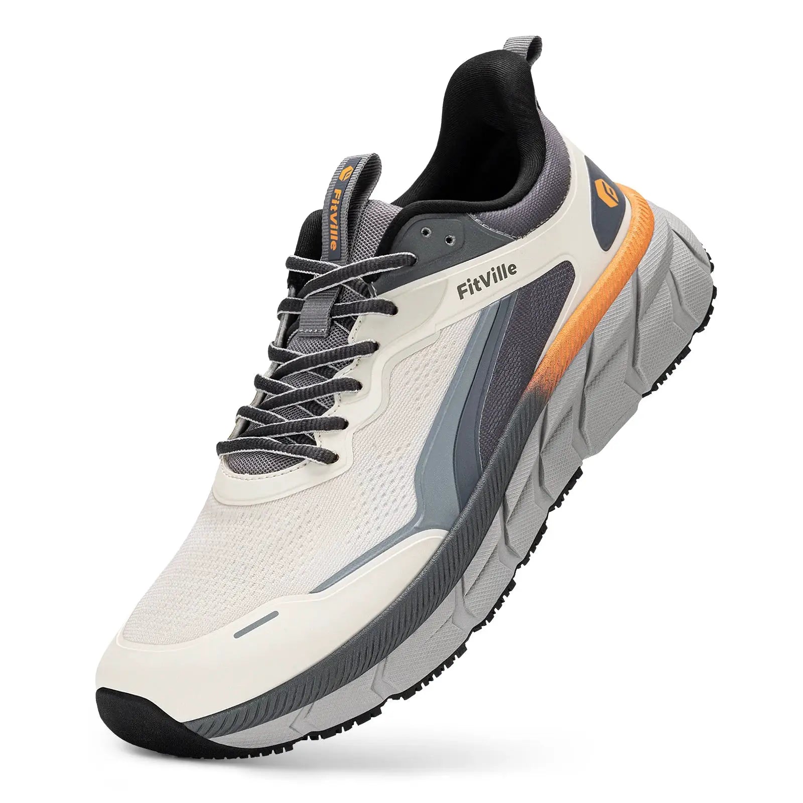 FitVille wide-toe-box men's running shoes with breathable mesh and orange-accent non-slip outsole