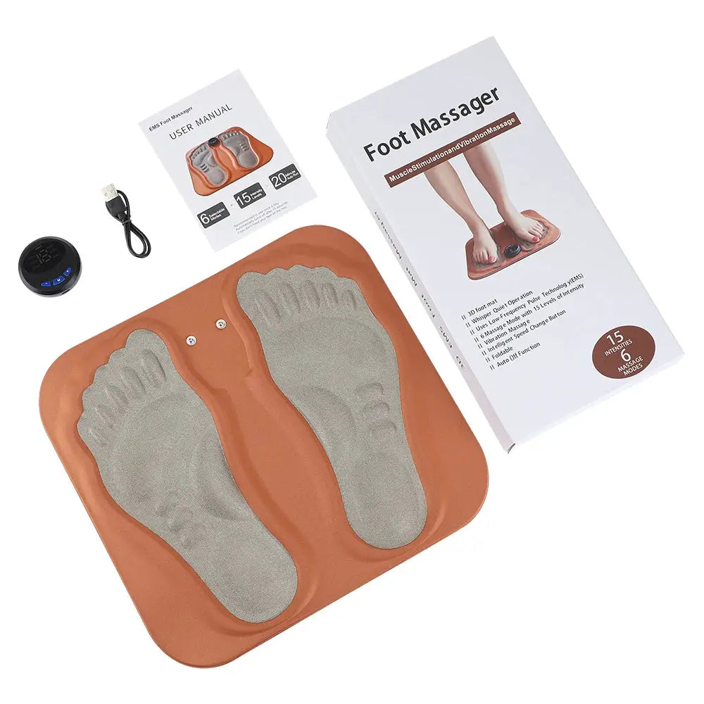 3D Smart Foot Massager Pad with orange base and gray massage surfaces; rechargeable with USB charger and user manual