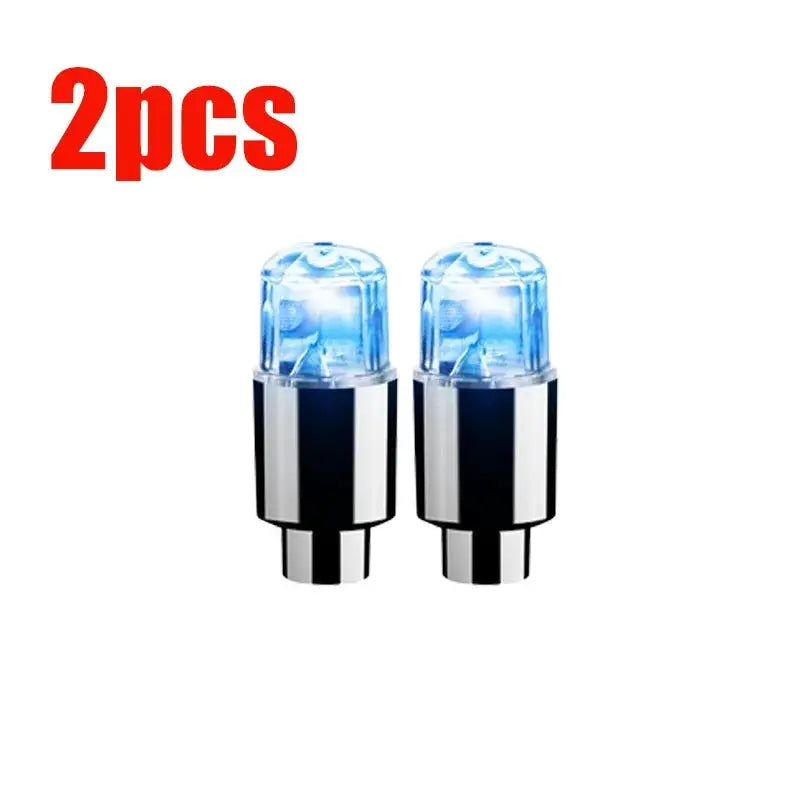 Car tire valve LED lights, 2pcs, blue glow with chrome bases