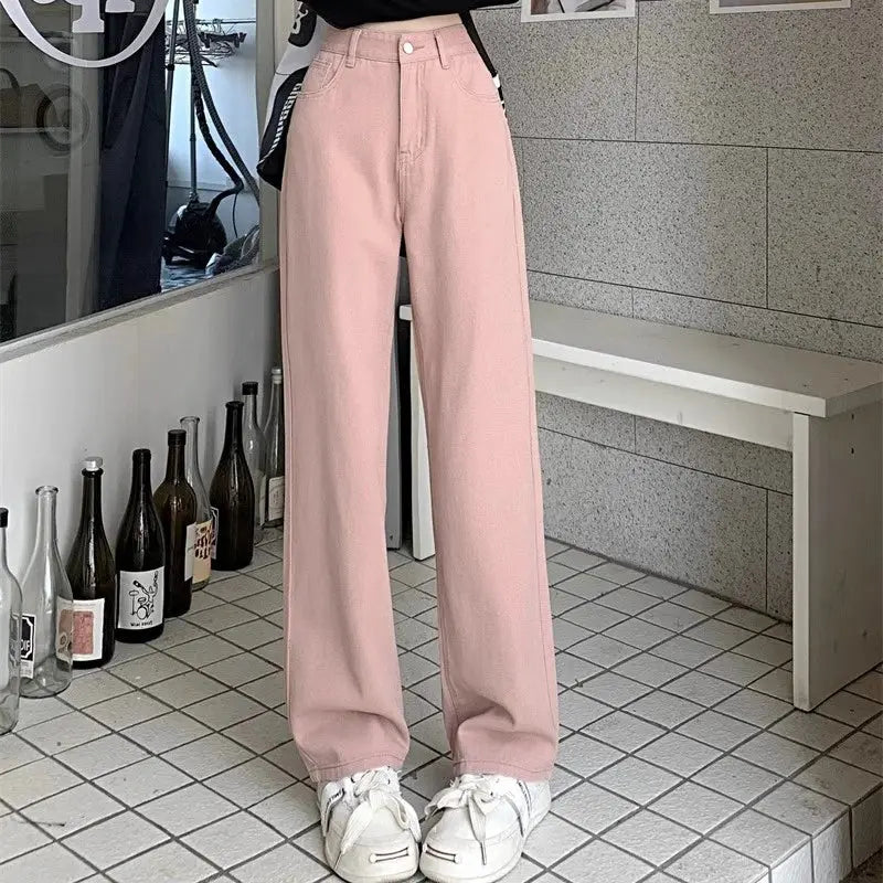 Womens Vintage Wide Leg Jeans High Waist Denim Pants Black Grey Blue