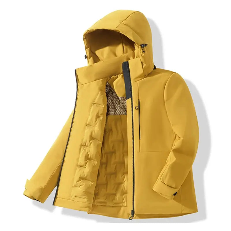 JNLN unisex waterproof windbreaker jacket with hood in mustard yellow, inner quilted lining, Simples Market