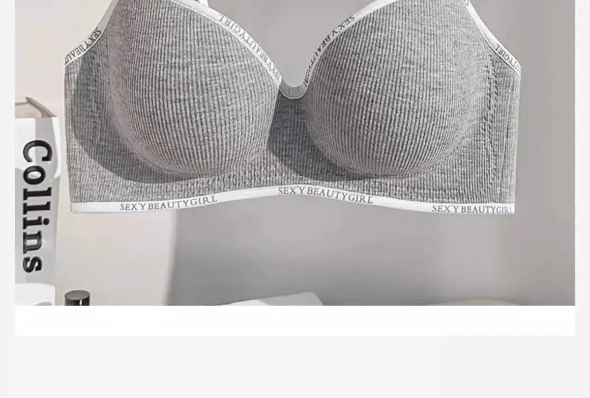 Simples Market gray wireless push-up bra with adjustable straps and seamless textured fabric.