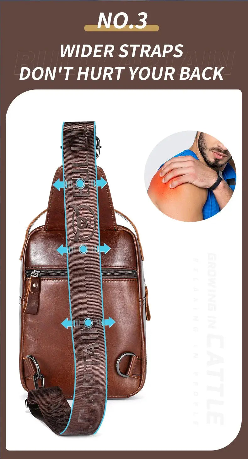BULLCAPTAIN brown genuine leather chest bag with wide turquoise-edged strap; crossbody phone bag
