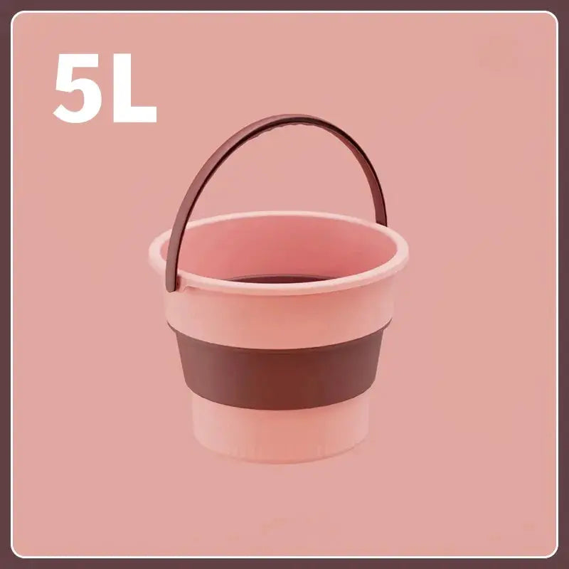Foldable 5L silicone bucket with handle, pink with dark brown band