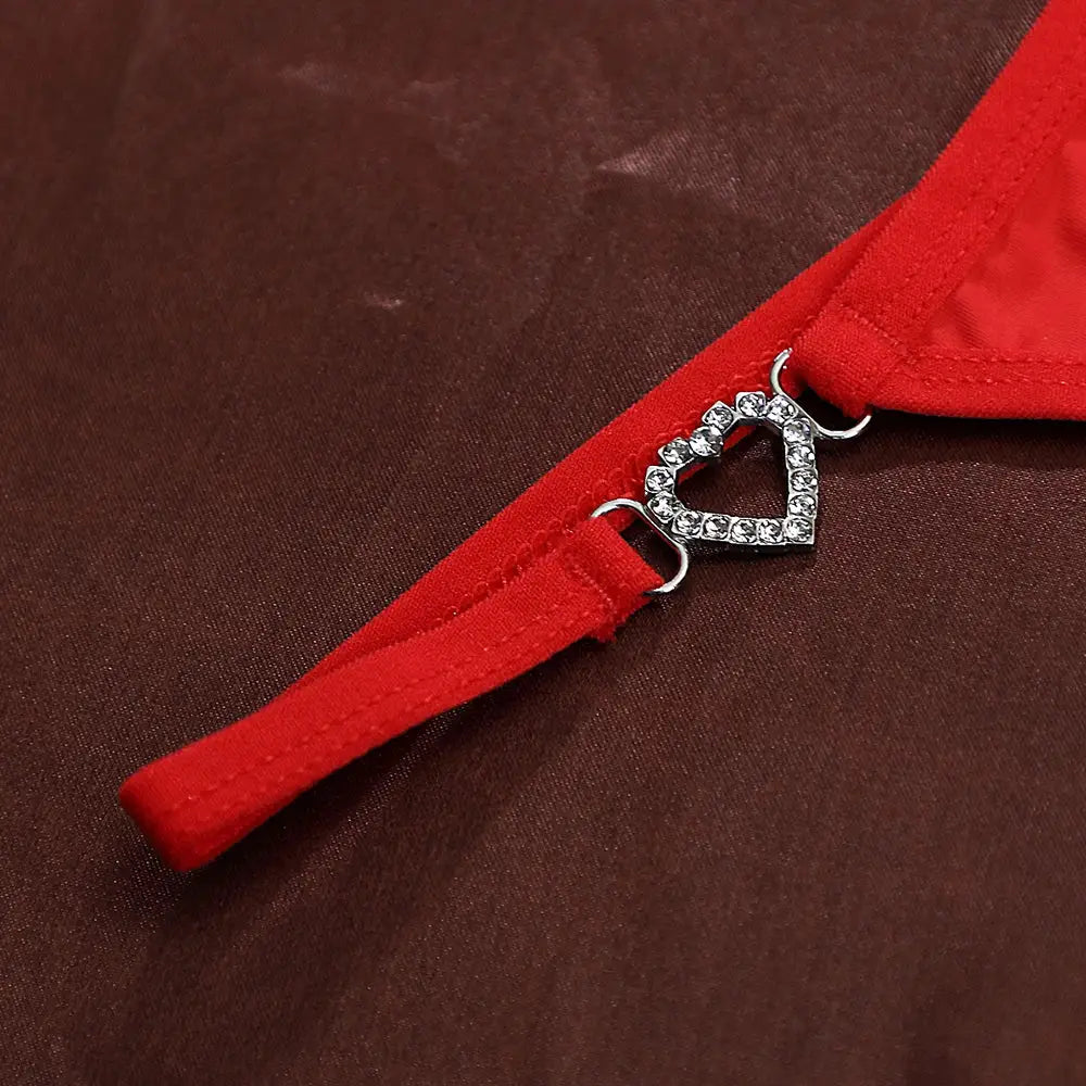 Red women's thong underwear with rhinestone heart charm on strap