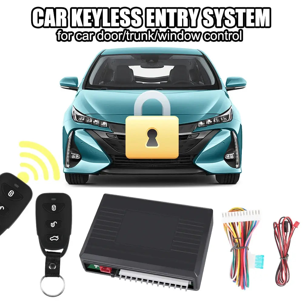Car keyless entry system kit by Simples Market with 2 remotes, control module, and wiring harness