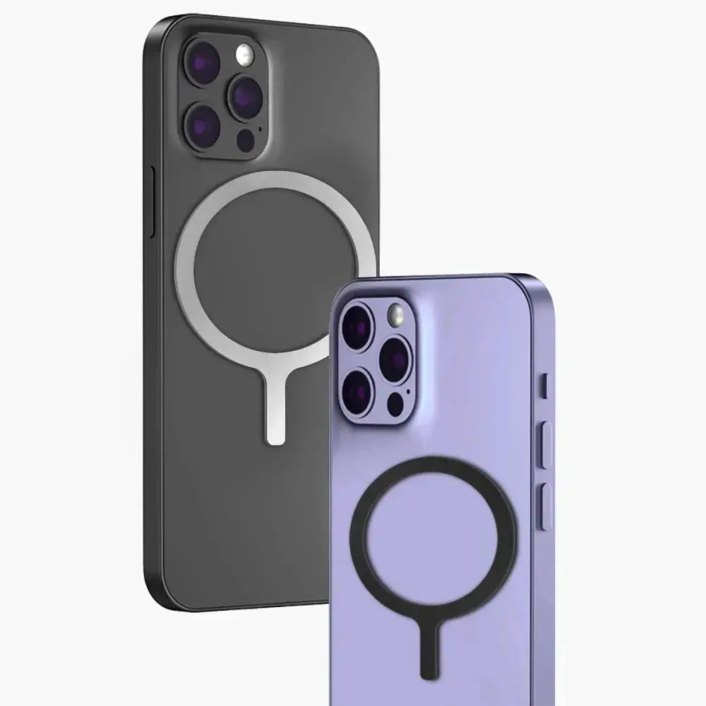 Universal MagSafe magnetic adapter rings, round metal plates for iPhone wireless charging, 2-pack in black and purple