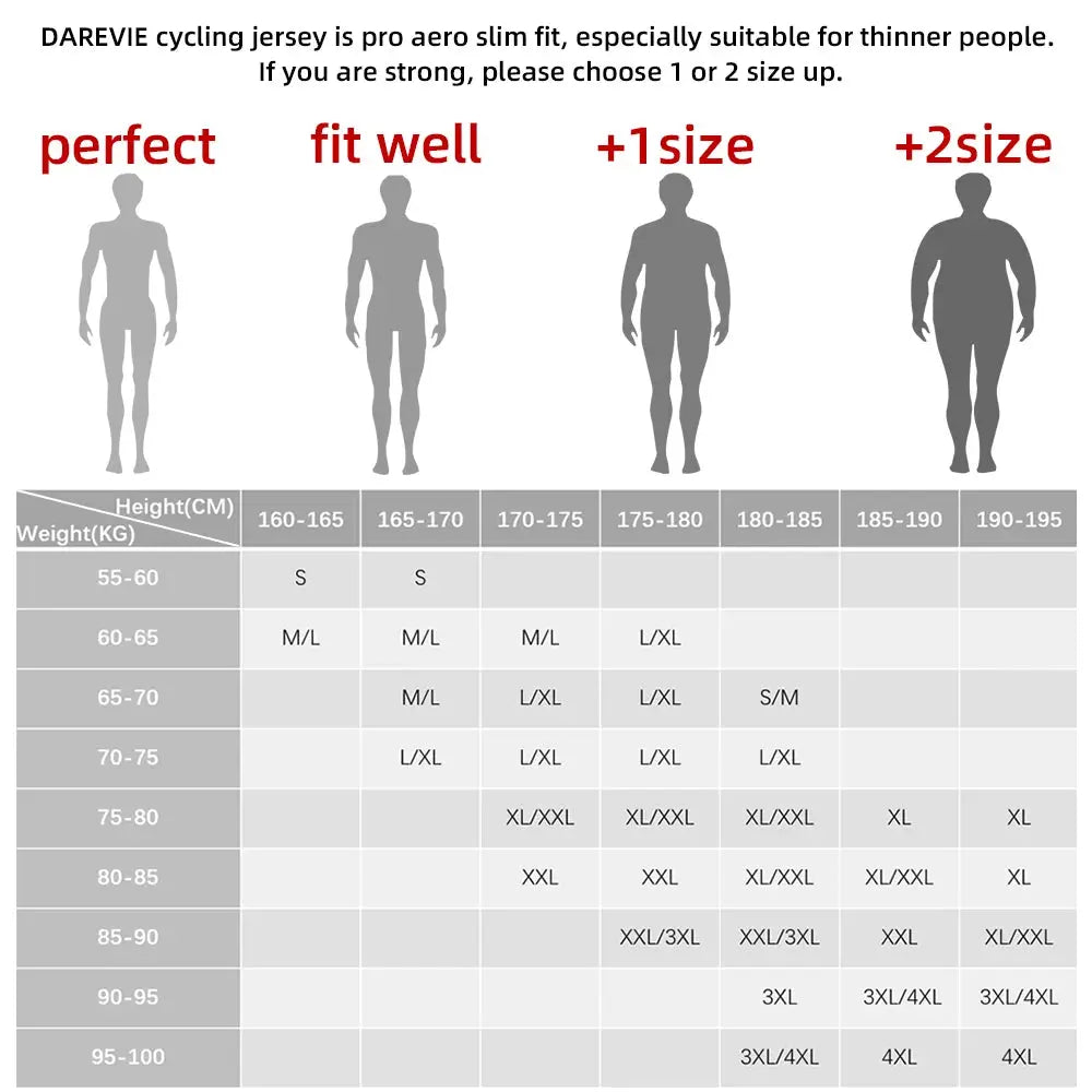 DAREVIE cycling jersey size chart by Simples Market showing fit silhouettes and height-weight grid.