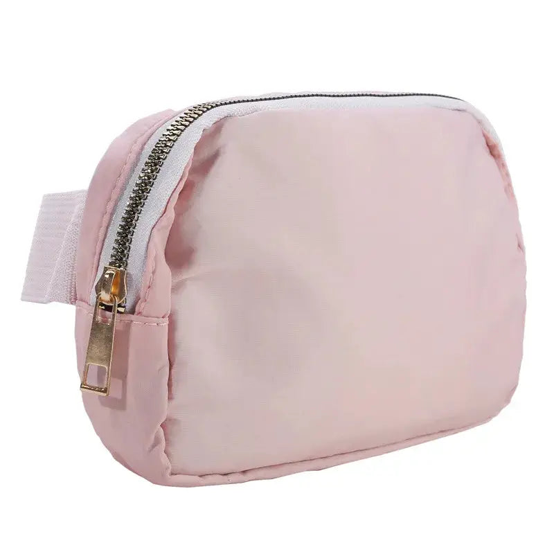 Simples Market pink waist bag with gold zipper and white strap