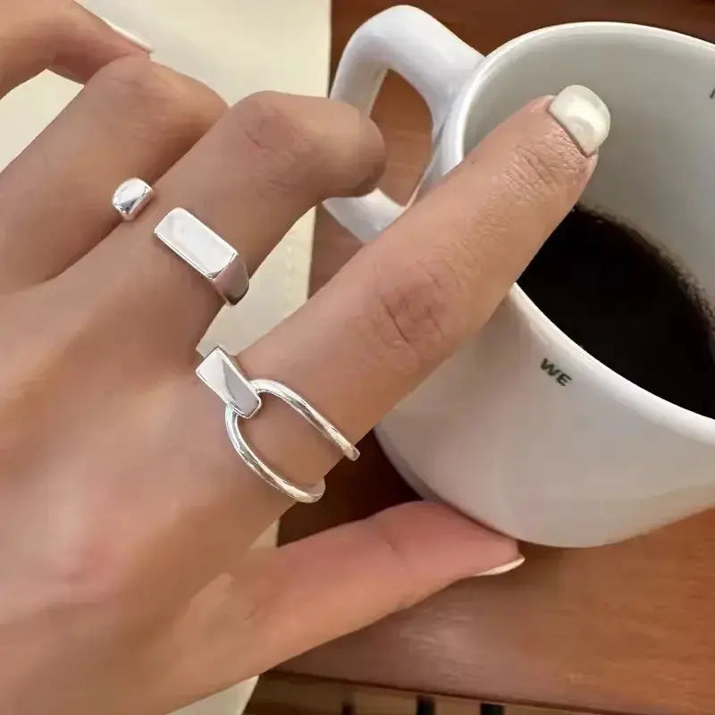 Ventfille 925 Sterling Silver Rings Fashion Hip Hop Vintage Couples Hollow Lines Punk Silver Party Adjustable Jewelry