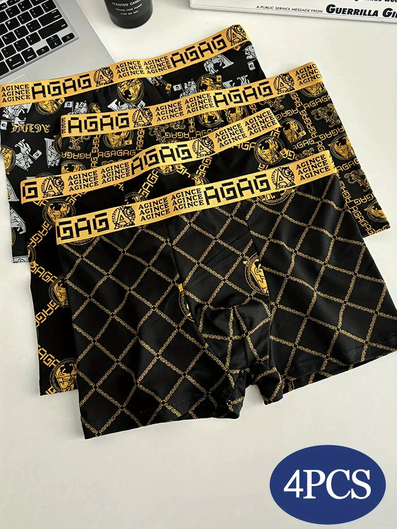 4pc set men's boxer shorts in black with gold patterned waistband; antibacterial, comfortable fit