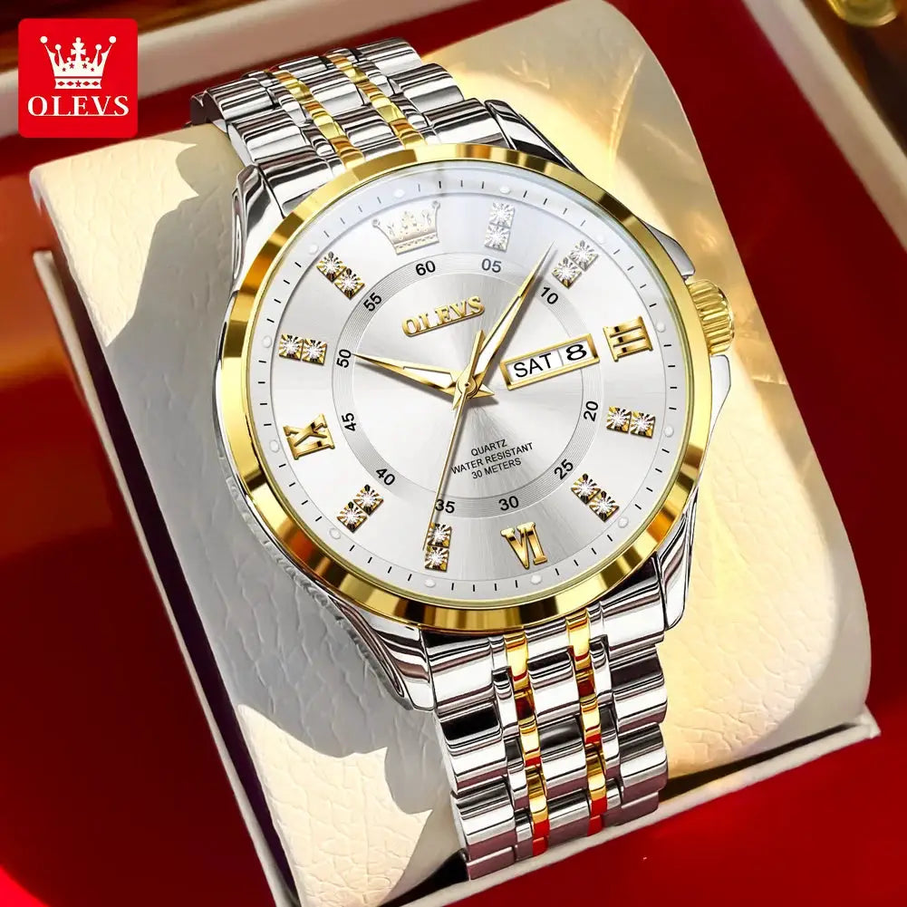 OLEVS men's luxury quartz watch with two-tone stainless steel band, gold bezel and calendar date window