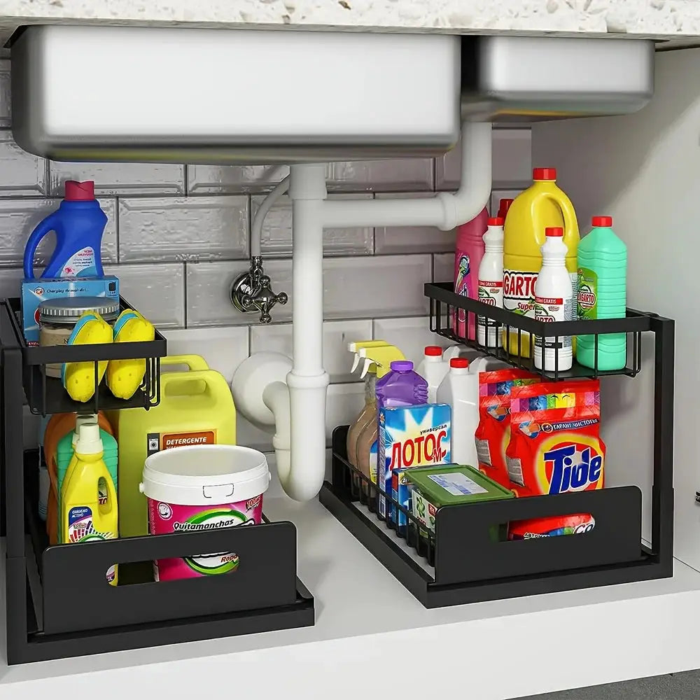 2 Tier Sliding Under Sink Organizer Metal Storage For Kitchen And Bathroom Cabinets Rustproof Cleaning Supplies