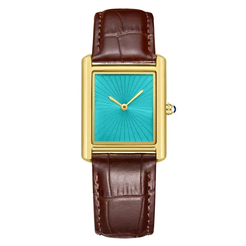 Square quartz watch with brown leather strap and turquoise dial by Simples Market