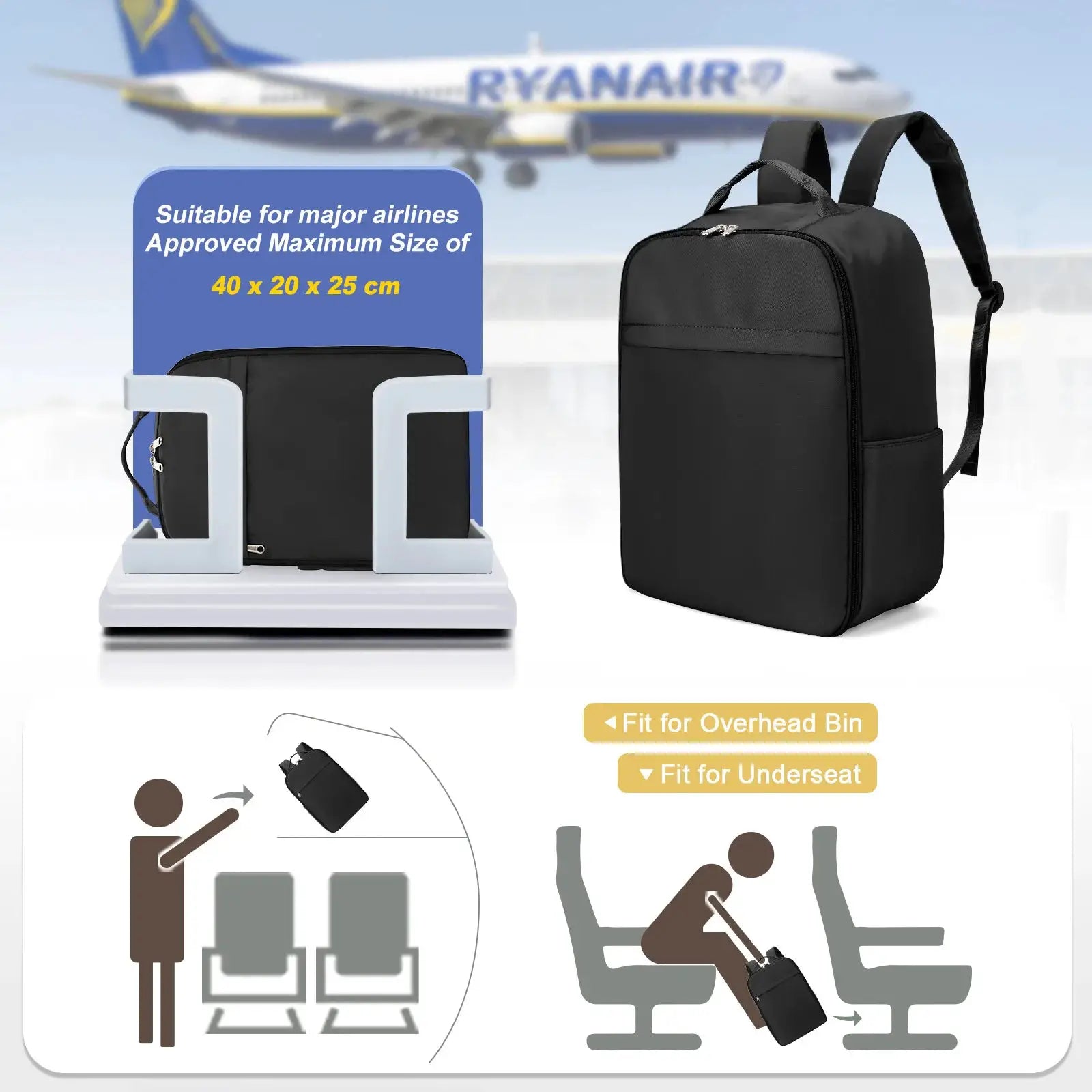 Simples Market Ryanair cabin bag and black travel backpack, two bags shown, 40 x 20 x 25 cm