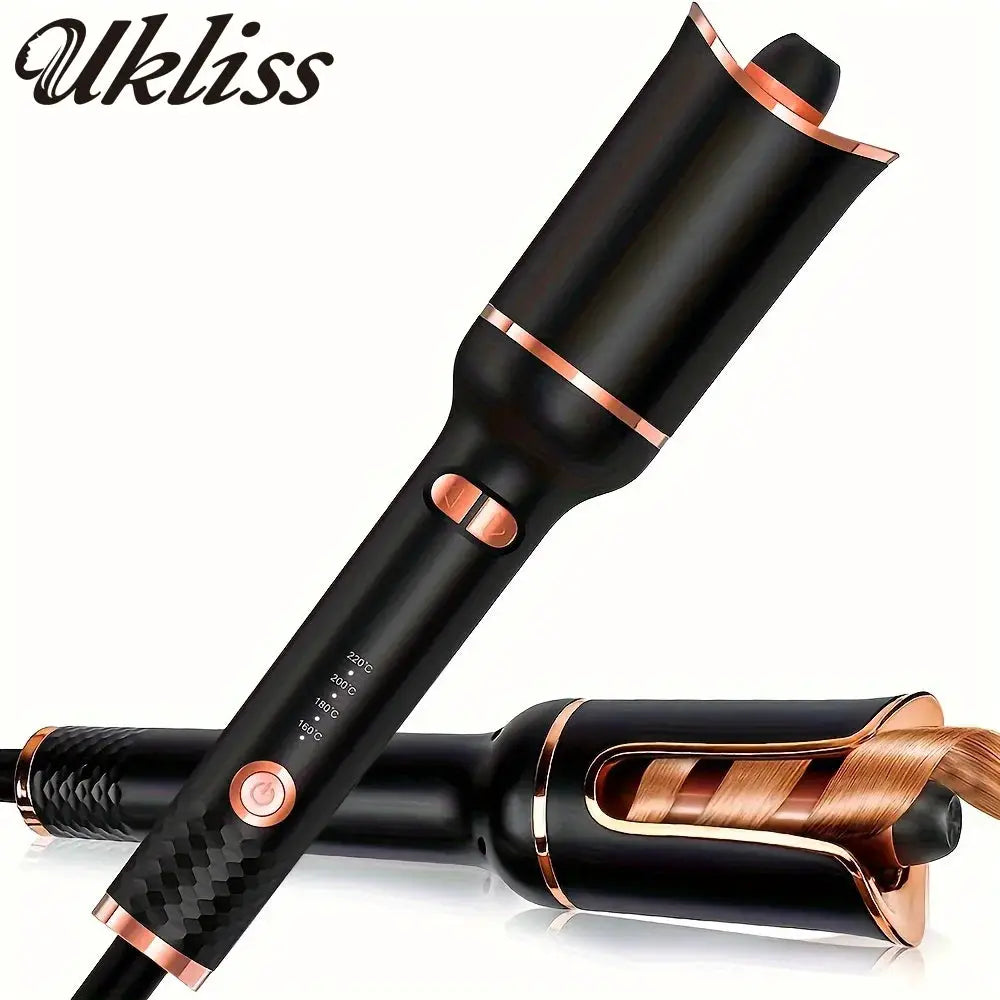 Automatic hair curler by Ukliss, ceramic rotating wand, black with rose-gold accents, 2-pack