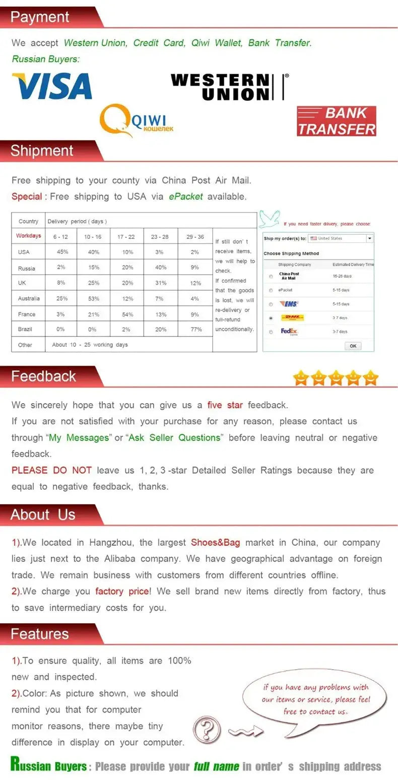 Payment and shipment infographic showing Visa, Western Union, QIWI logos and a delivery table