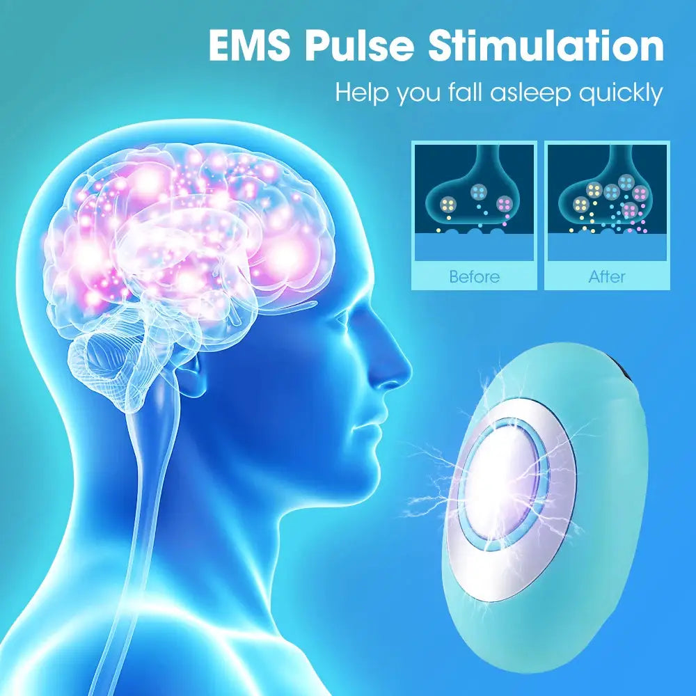 Simples Market EMS pulse-stimulation handheld device with mint circular pad; brain glow image and before/after diagrams.