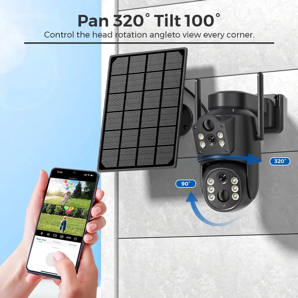 8MP 4K HD solar WiFi outdoor security camera with built-in battery, solar panel and dual lens Simples Market