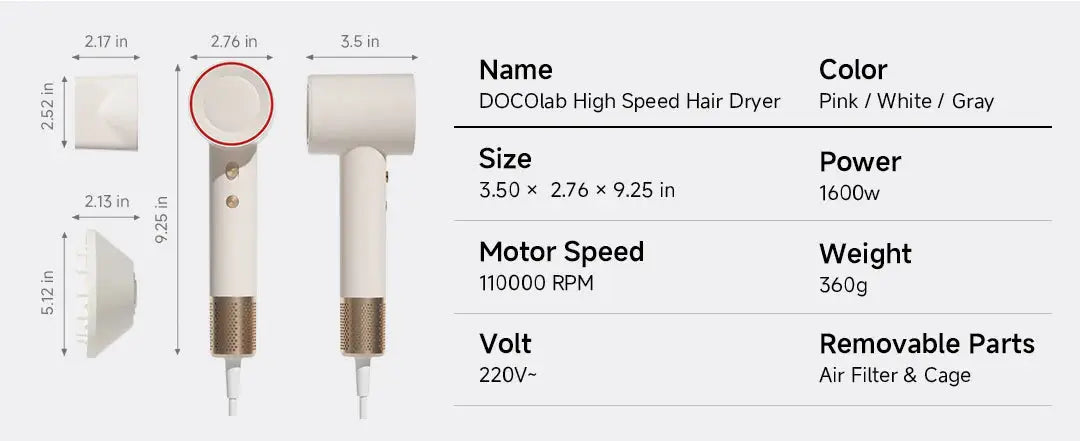 DOCO high speed hair dryer pink/white/gray with attachments; lightweight travel model by Simples Market