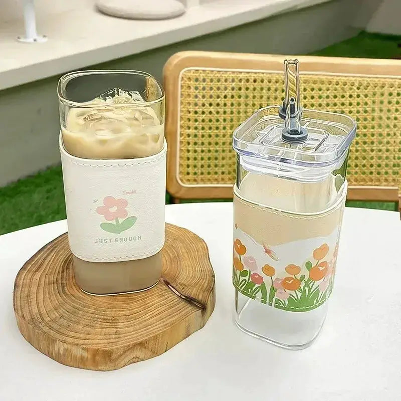 Square Heat Resistant Glass Coffee Cup With Lid And Straw 400ml