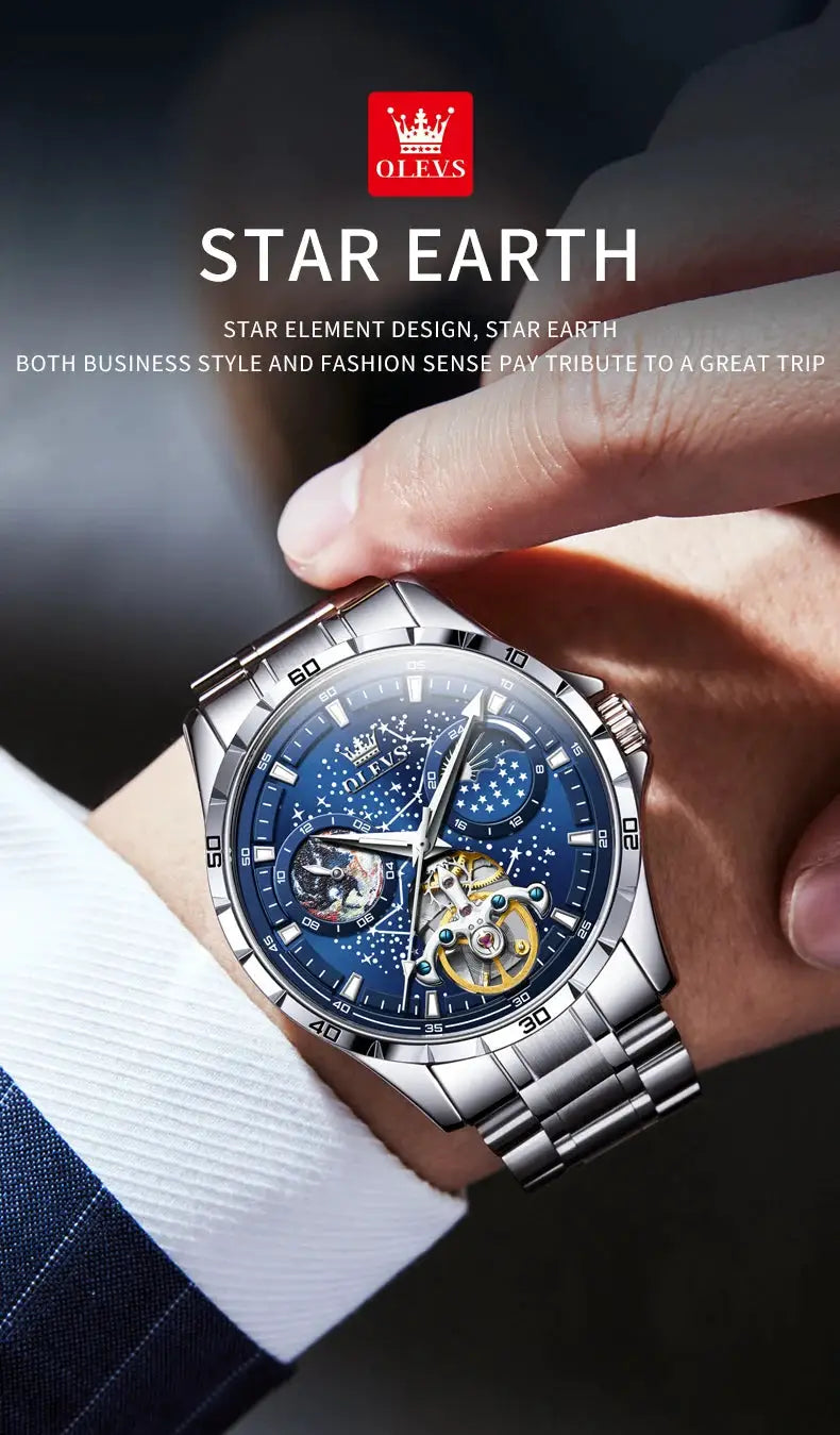 OLEVS Flywheel Skeleton Automatic Watch for Men on stainless steel bracelet with blue starry-sky dial and movement.