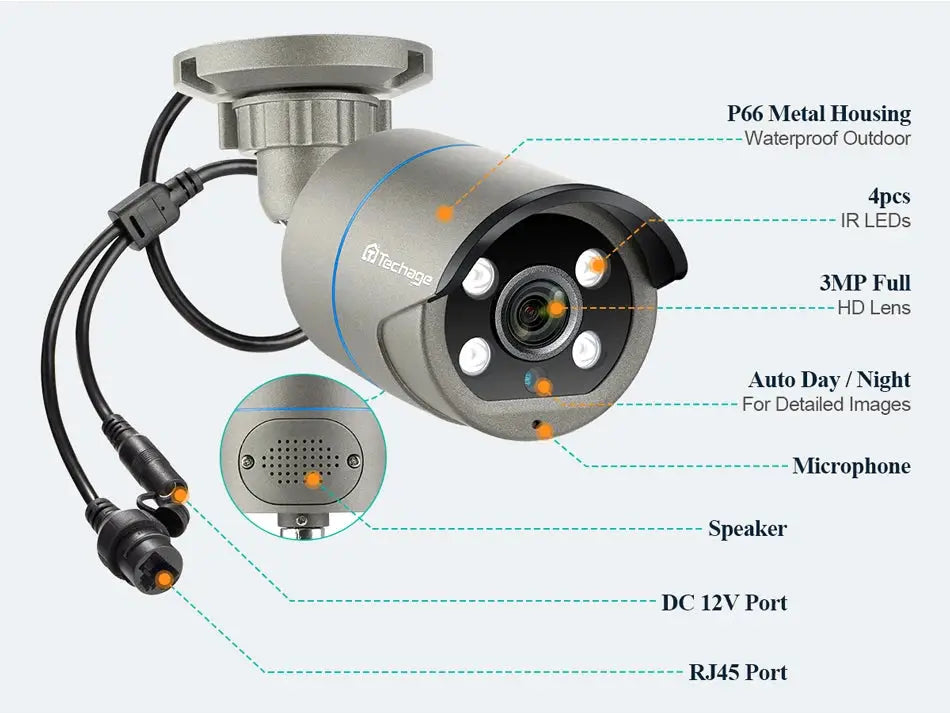 Techage outdoor IP camera with metal housing, 4MP/5MP/4K, POE, two-way audio