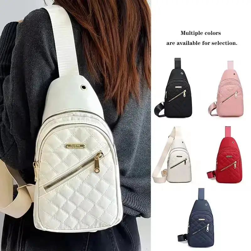 White quilted backpack by Simples Market with gold zippers; minimalist large-capacity crossbody bag