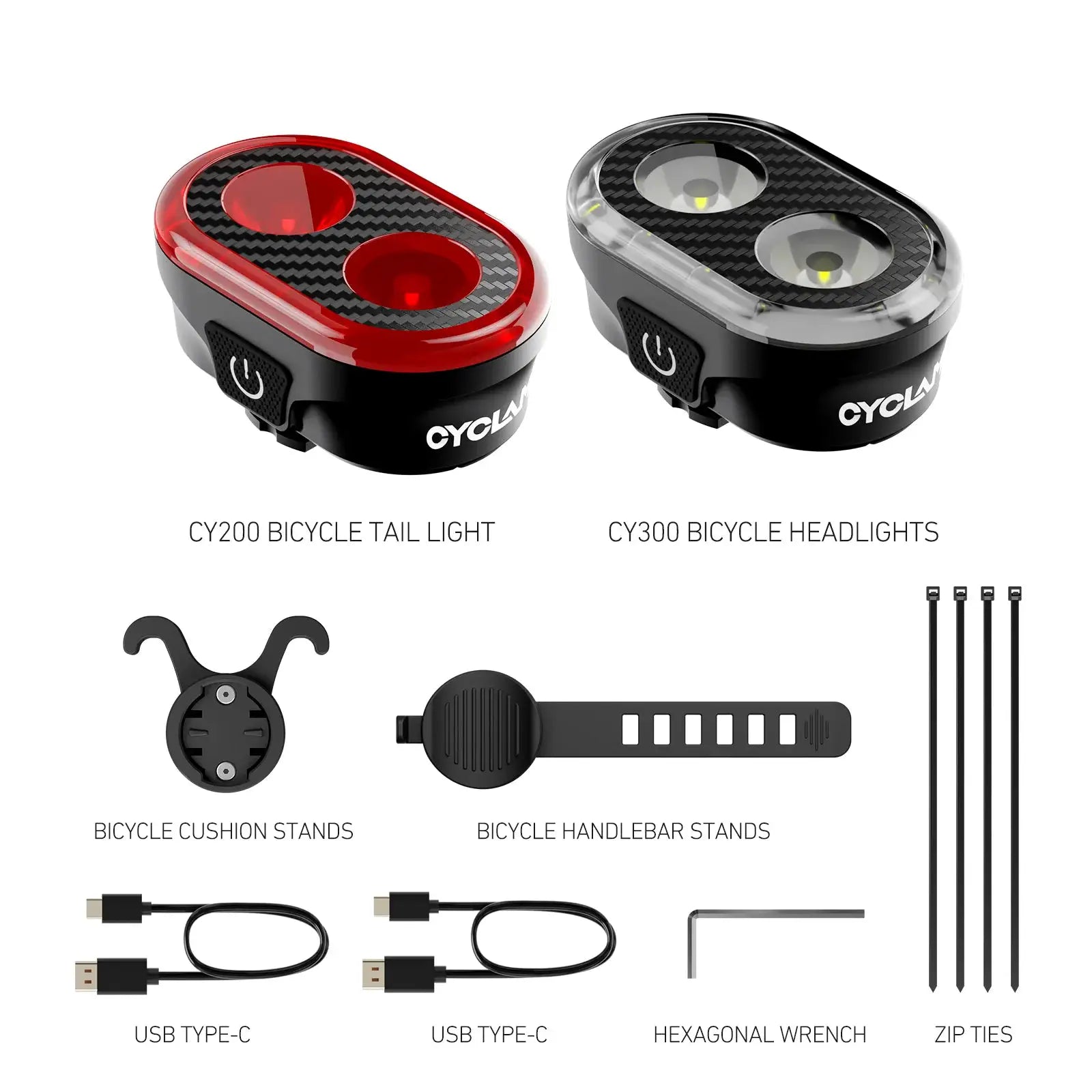 CYCLAMI CY300T Smart Brake Sensing Front And Rear Light Waterproof MTB And Road Bike Lighting Set